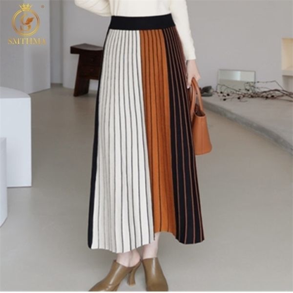 

hma thick warm women pleated skirts elastic high waist knitted sweater autumn winter midi stripe skirt 211214, Black