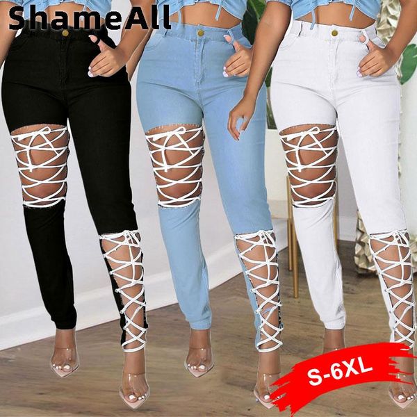 

women's jeans plus size streetwear stretchy skinny ripped baggy pencil denim pants 4xl vintage asymmetry lace up indie clothes aestheti, Blue