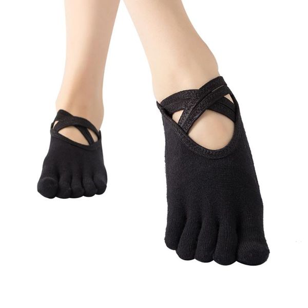 

1pair yoga socks cross straps backless lace-up dance split-toe breathable comfortable pilates training sports, Black