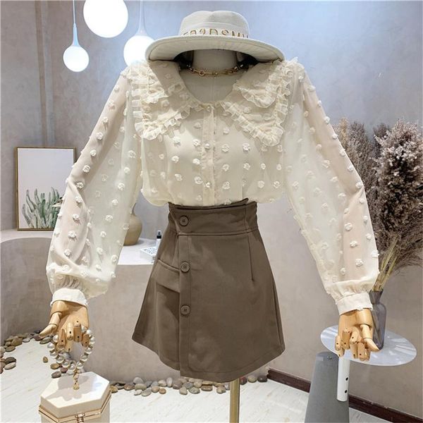 

women's tracksuits clothing 2021 autumn doll collar long sleeve shirt high waist pantskirt two-piece set trend, Gray