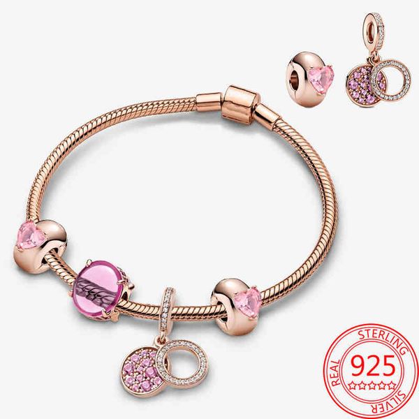 

new arrival 925 sterling silver pink dream eternal enamel clear heart pendant clip set bracelet romantic diy charm gift, Golden;silver