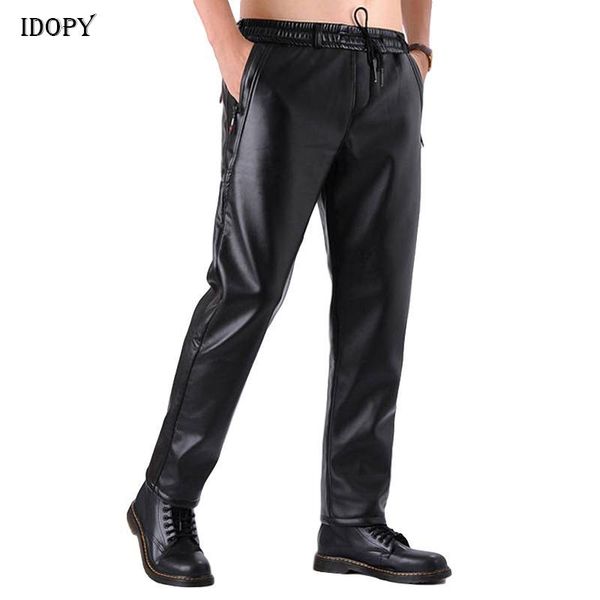 

men's pants idopy motorcycle faux leather joggers fashion mens business pu elastic waist waterproof for men, Black