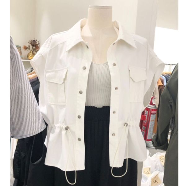 

fashion lapel buckle drawcord waist slim sleeveless vest women, White
