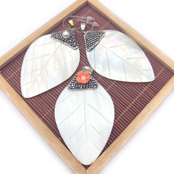 

charms pendant necklace natural freshwater shell leaf shaped diamond flower pearl crafts diy sweater chain jewelry, Bronze;silver