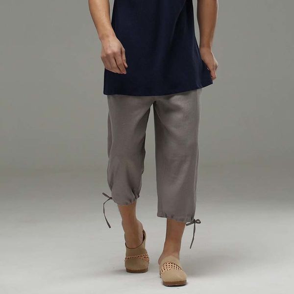 

shorts summer mens linen shorts cotton straight loose 3/4 short trousers chinese style elastic waist with drawstring man clothes, White;black