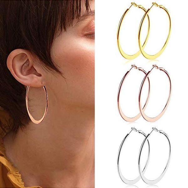 

pairs fashion big hoop earrings elegant titanium steel flattened for women girl durable lightweight & huggie, Golden;silver