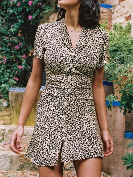 

retro floral printing mini women dress dresssummer short sleeve casual holiday slim fit robe clearance price, Black;gray