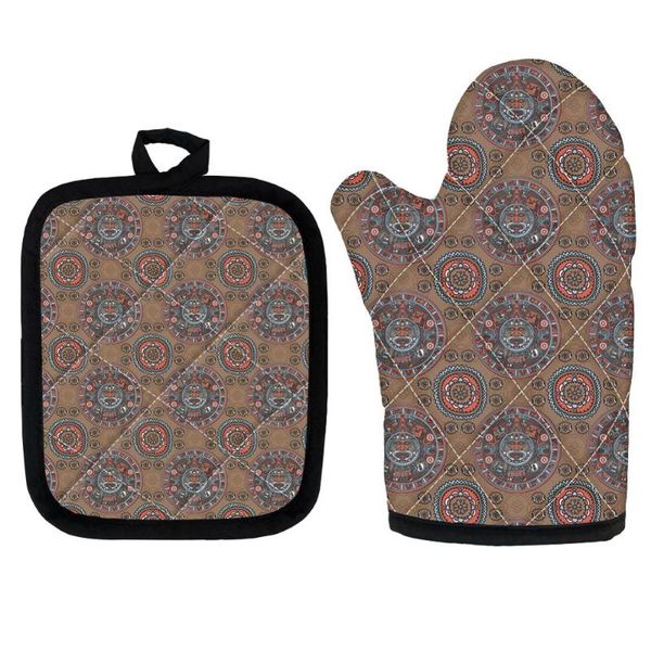 

oven mitts insulation pads microwave calendar aztec pattern print heat resistant kitchen gloves for cooking bbq non-slip tools