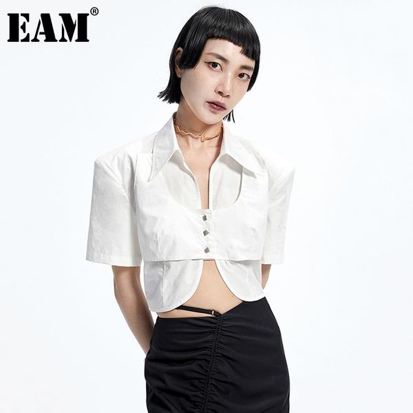 

women's blouses & shirts [eam] women white backless hollow out short blouse lapel sleeve loose fit shirt fashion spring summer 2021 1de