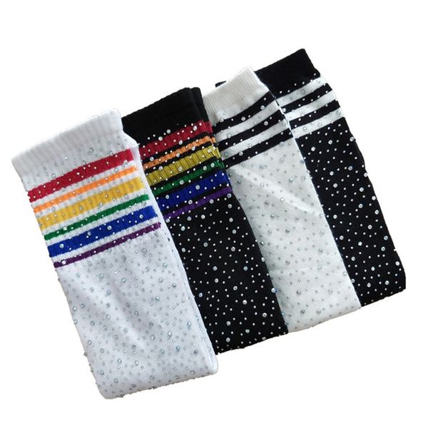

children knee high striped socks rhinestone rainbow girls stocks kids socks girls boys long tube warm cotton sock for 3-12y y201009 95 z2, Pink;yellow