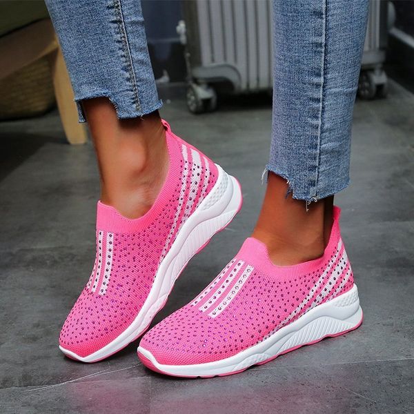 

dress shoes women white sneakers casual vulcanized summer slip-on sock crystal ladies trainers zapatos de mujer mxfv, Black
