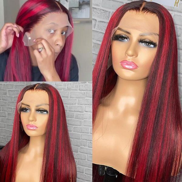 

lace wigs human hair brazilian highlight red remy pre plucked 13*6 front colored for women 180 density with baby, Black;brown