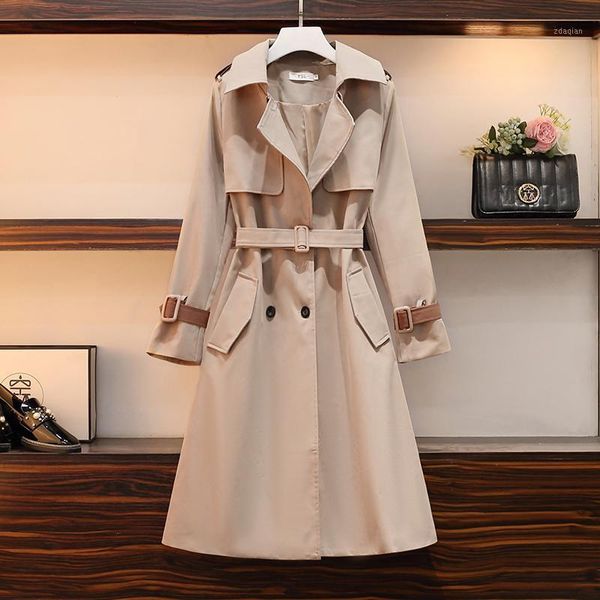 

women's trench coats design office lady windbreaker 2021 spring and autumn khaki mid-length over-the-knee coat, Tan;black