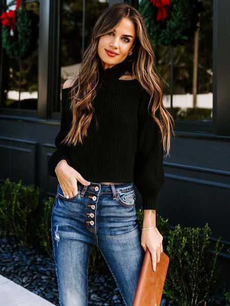 

women's sweaters women autumn and winter long sleeve sweater solid color off shoulder halter neck knitwear casual slim fit female, White;black