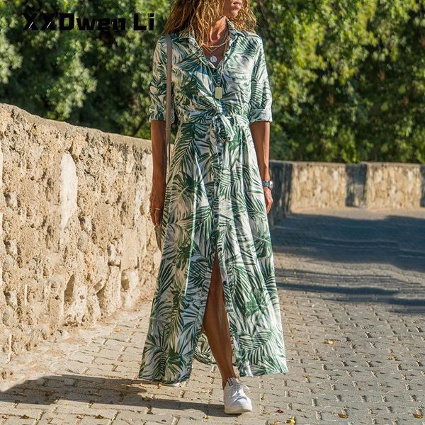 

casual dresses autumn women's print long sleeve lace-up maxi dress 2021 spring woman buttons chiffon office ladies shirt, Black;gray