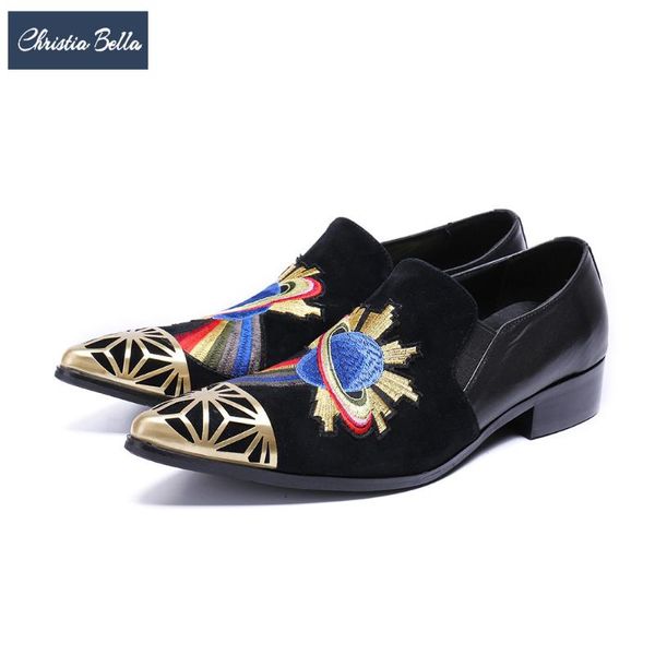

dress shoes christia bella british style embroidery men party metal pointed toe formal fashion wedding slip on, Black