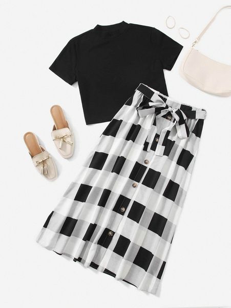 

solid & self belted buffalo plaid skirt set m23t#, White