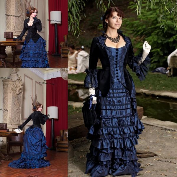 Royal Blue Goth Goth Victorian Bustle Vestido de Casamento 2021 Veludo Taffeta Lace-Up Back Corset Top Gothic País Nupcial Vestido