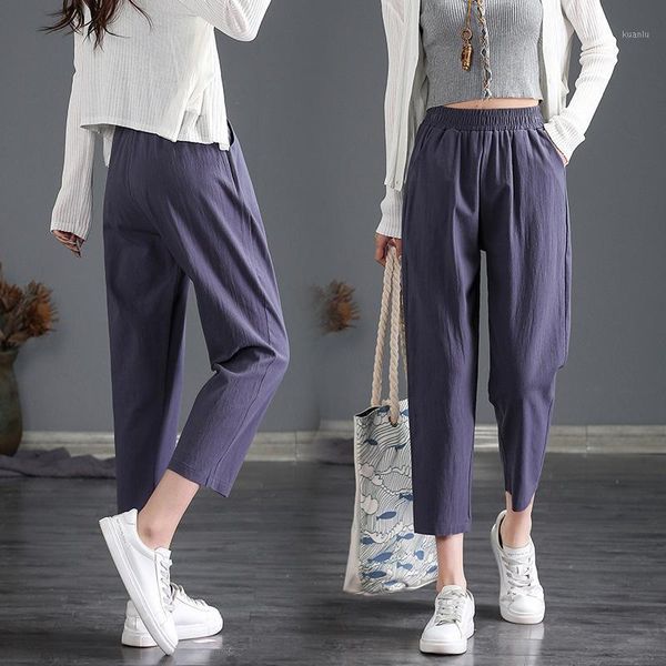 

women's pants & capris cotton and linen nine-point women summer thin high-waist loose straight-leg plus size harem casual, Black;white