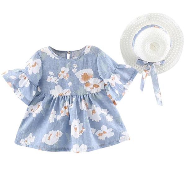 

infant baby girl flare sleeve flower floral print princess dress+hat cap outfits toddler children clothes suits costume girl's dresses, Red;yellow