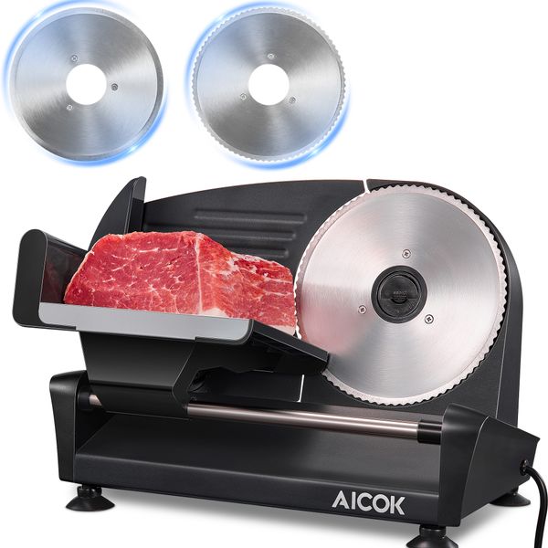 

meat slicer grinder, 200w electric deli & food with two 7.5 inch stainless steel blade, 0-15mm adjustable thickness for meat, cheese, bread