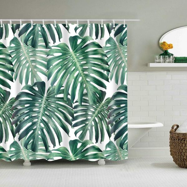 

dark green leaves plants shower curtain set with 12 hooks natural bathroom decoration washable polyester fabric curtains