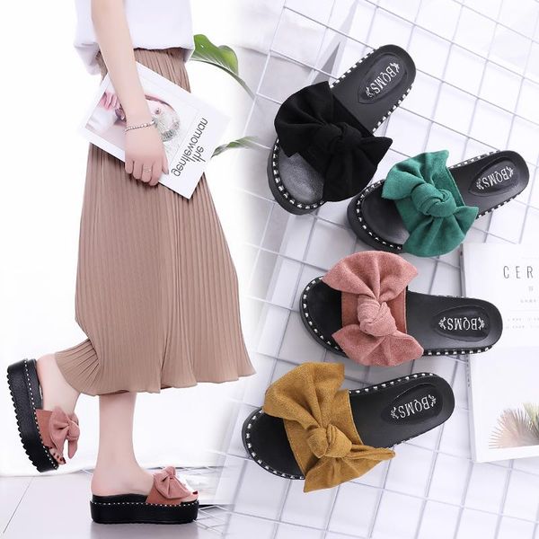 

slippers summer beach shoes 2021 fashion bowknot ladies outside platform heels woman sandals size 35-41, Black