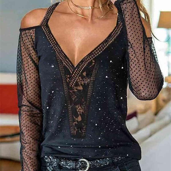 

spring summer women daily wear cold shoulder sheer mesh lace blouse long sleeve black shirt casual 210719, White
