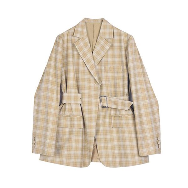 

women's suits & blazers [ewq] korea chic lattice suit 2021 autumn loose single button waist closing lapel long sleeve blazer coat femal, White;black