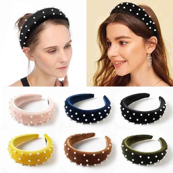 

pearl ins style sponge hair band golden velvet solid women's headband, Black;brown