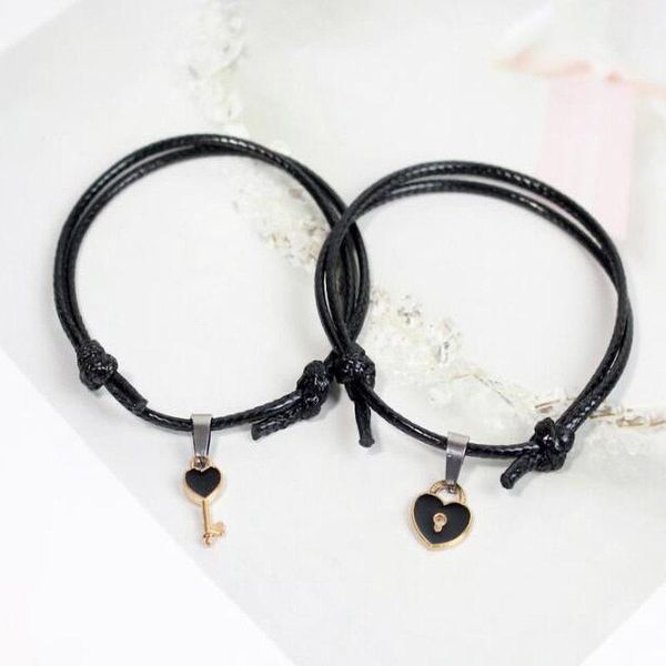 

charm bracelets 2pcs arrival alloy bracelet key heart lock couple handmade rope for women lovers jewelry gifts, Golden;silver