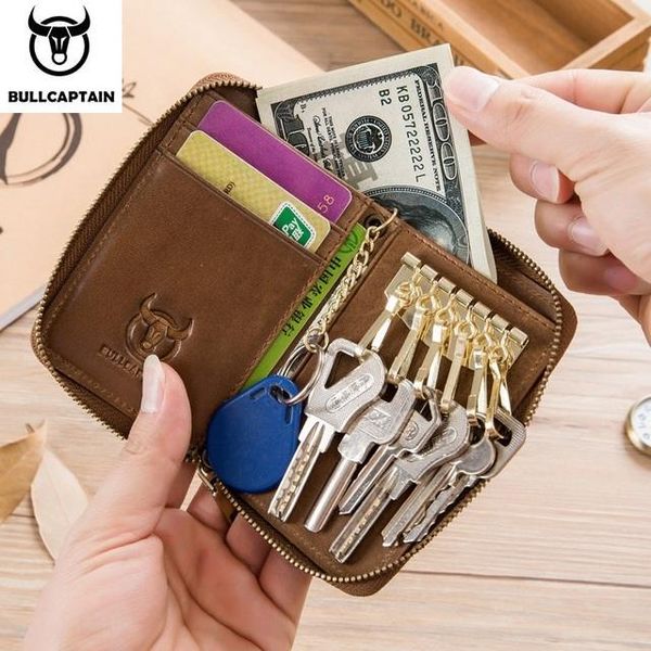 

fashion men's business genuine leather wallet zipper car key case universal door lock bag cowhide multi-card coin purse wallets, Red;black