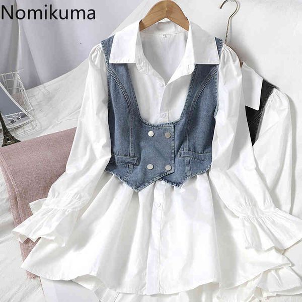 

nomikuma spring new blouse 2 piece suit medium-long puff sleeve blouse shirt + double breasted demin vest korean sets 6d981 210427, White