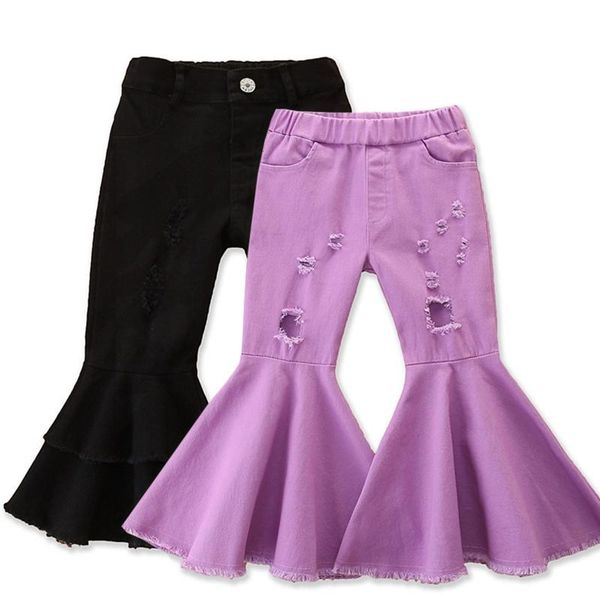 

kids solid holes denim pants bell-bottomed trousers autumn spring cute flare baby girls long jeans, Blue