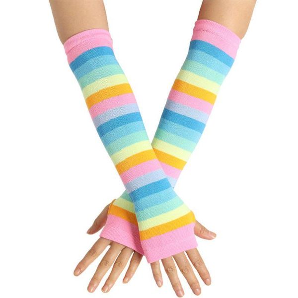 

five fingers gloves women girl fingerless sunscreen knitted in elbow arm warmers portable american flag rainbow striped patchwork, Blue;gray