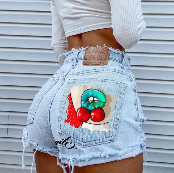 

women's shorts summer ladies fashion print denim button high waist, White;black