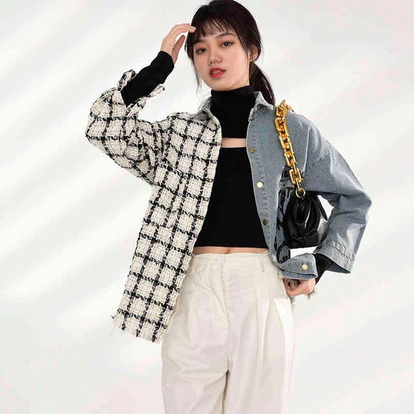 

oversized european blue overcoat female clothing spring letter print women plaid stitching jeans plus size coats 210510, Black;brown