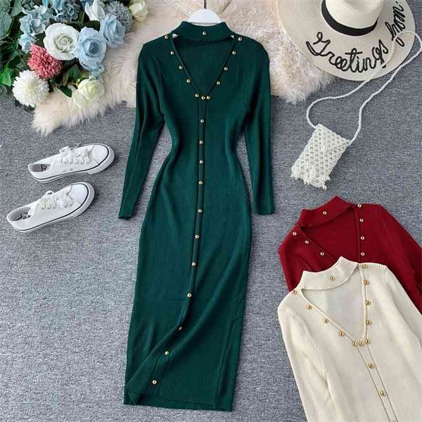

vintage women knitted bodycon dress autumn long sleeve v-neck hollow slim pencil robe female casual elegant 210430, Black;gray