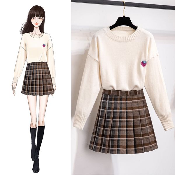 

two piece dress ichoix autumn winter arrivals the loose neck of cartoons embroidered sweater skirt two pieces together tm97, White