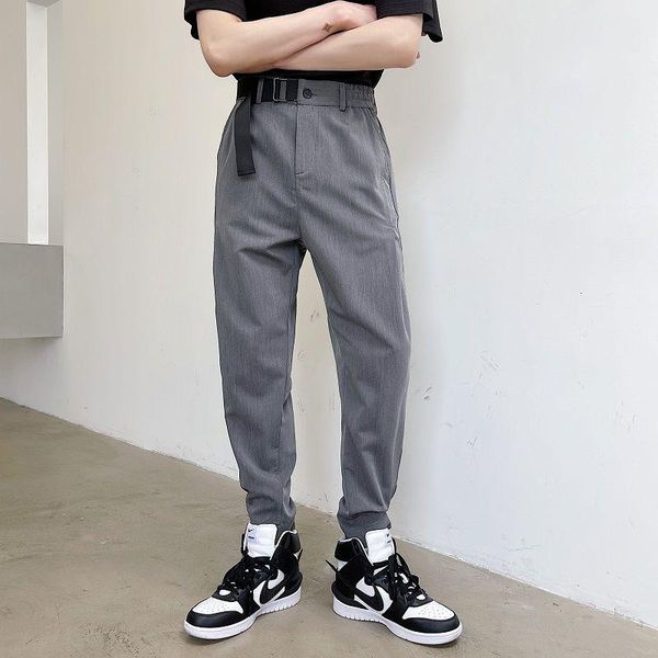 

men's pants men nine minutes solid color fashion bundle mouth elastic comfortable fabric personality overalls streetwear, Black