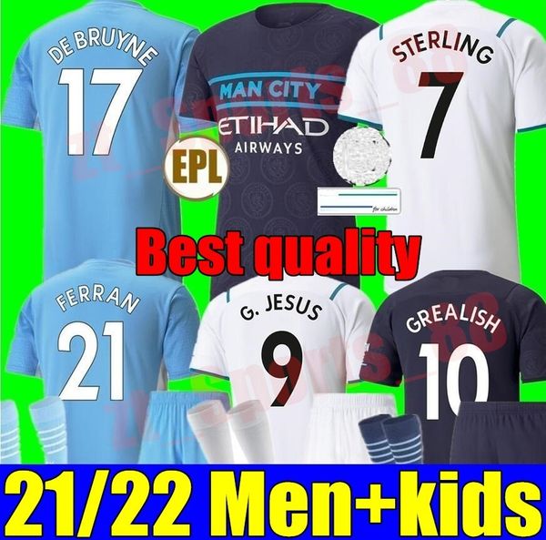 

manchester soccer jerseys 21 22 man grealish city sterling ferran de bruyne foden 2021 2022 football shirts men kids kit set uniform, Black;yellow