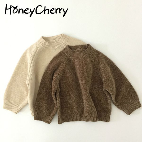 

spring and autumn bottoming shirt solid color round neck brown pullover sweater girls baby boy 210515, Blue