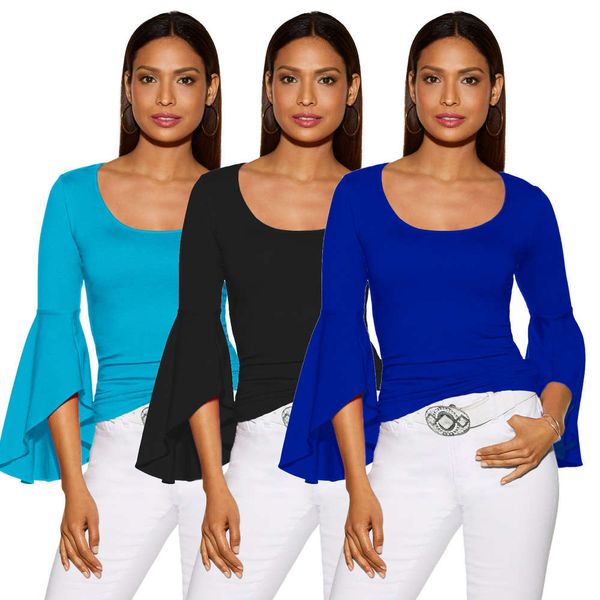 

2021 new fashion summer slim solid round neck women's long sleeve t-shirt, Black