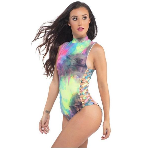 

women's jumpsuits & rompers summer colorful print bodysuits sleeveless turtleneck laser holographic playsuits festival rave female body, Black;white