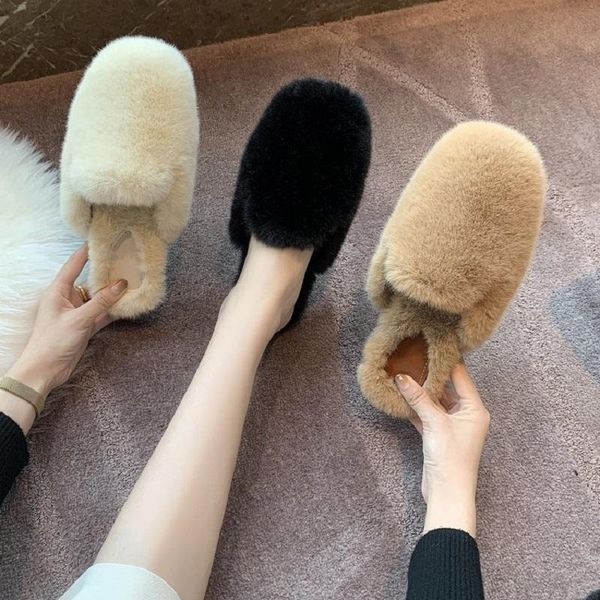 

winter indoor women half fur slippers solid color faux warm soft flat shoes slip on sell well home bedroom ladies slipper, Black