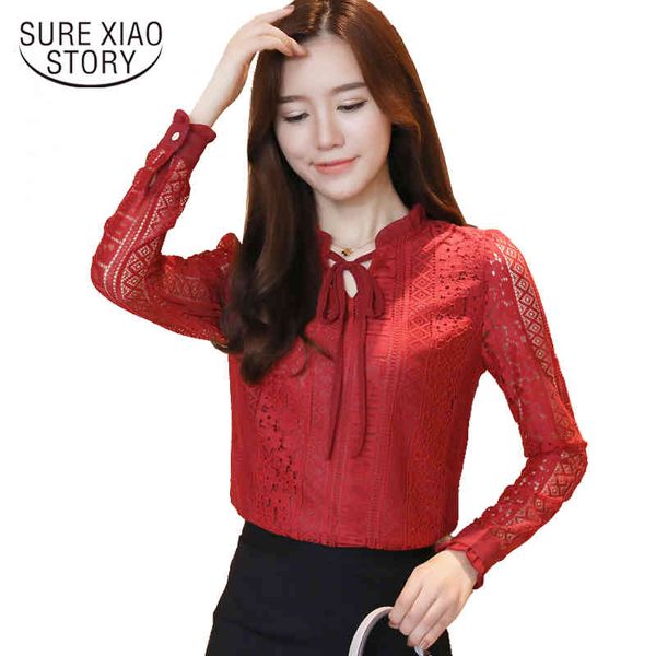 

korean style long-sleeved solid sweet lace women blouse fashion casual hollow v collar shirt blusas 819i 30 210506, White