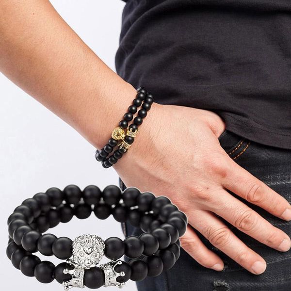 

beaded, strands 2pcs crown lion bracelet beads bracelets for women men distance lovers couples matching gift matte 8mm bead stone, Black