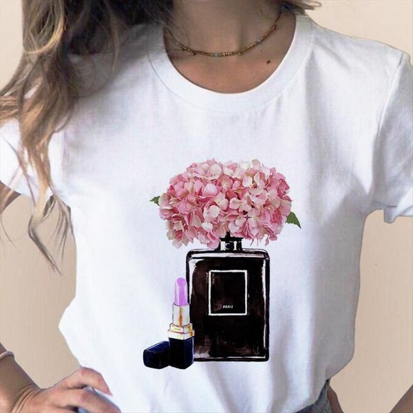 

vogue flower perfume bottle sweet women t shirts short sleeve printed girl female clothes,drop ship, White