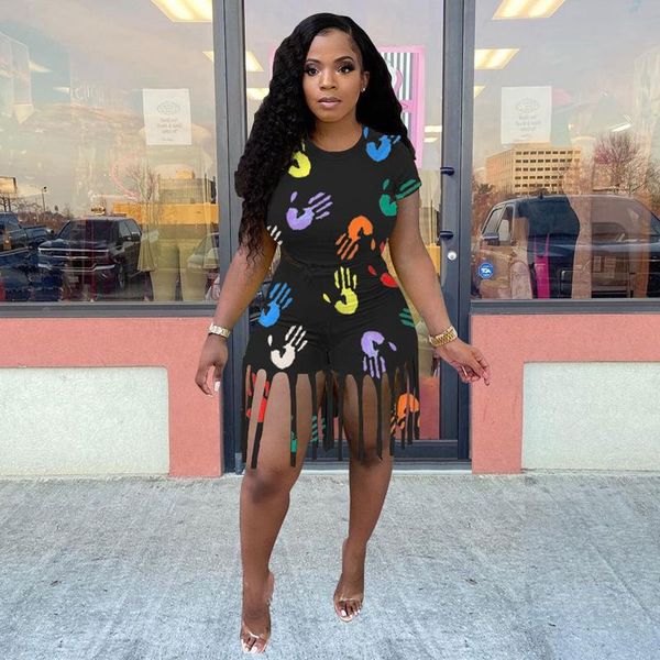 

women's tracksuits plus size sets hand print short sleeve t shirt tassel shorts summer outfits for women tracksuit matching, Gray