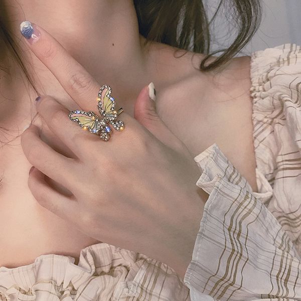 

net red with super fairy temperament color oil dripping butterfly ring female diamond indifference index finger 62w0, Golden;silver